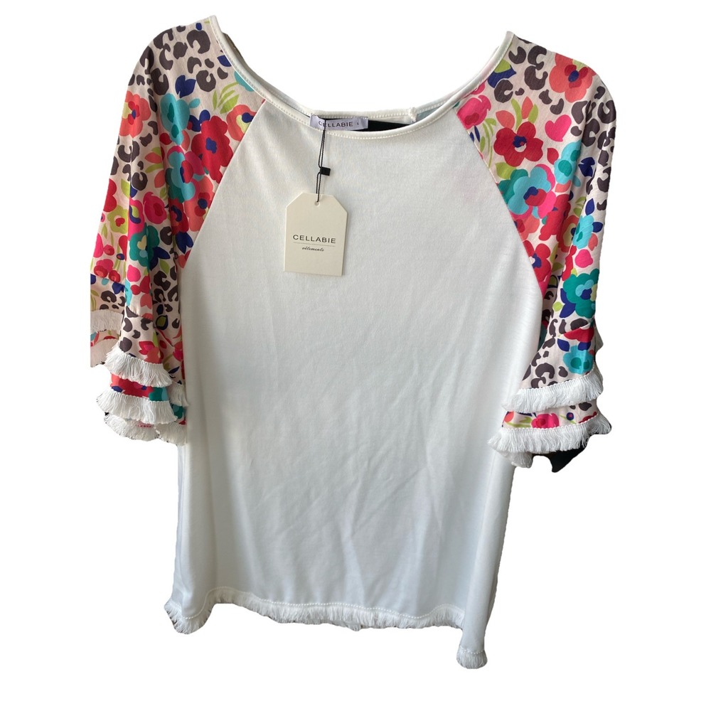 NWT Cellabie White Floral Fringe Top Women's Size Large Travel Cruise Vacay